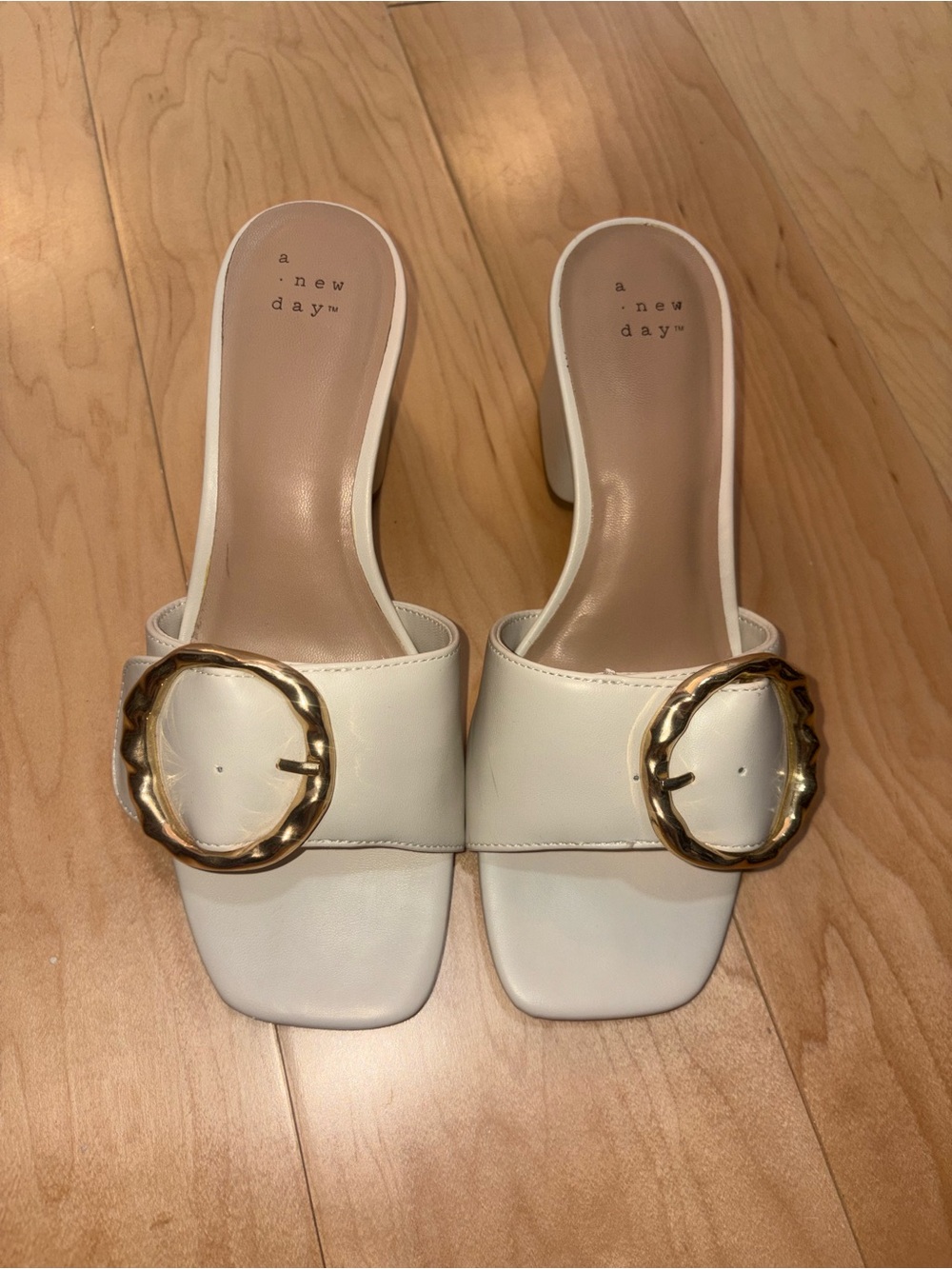 a new day White Slide Mules with Gold Decorative Buckle
